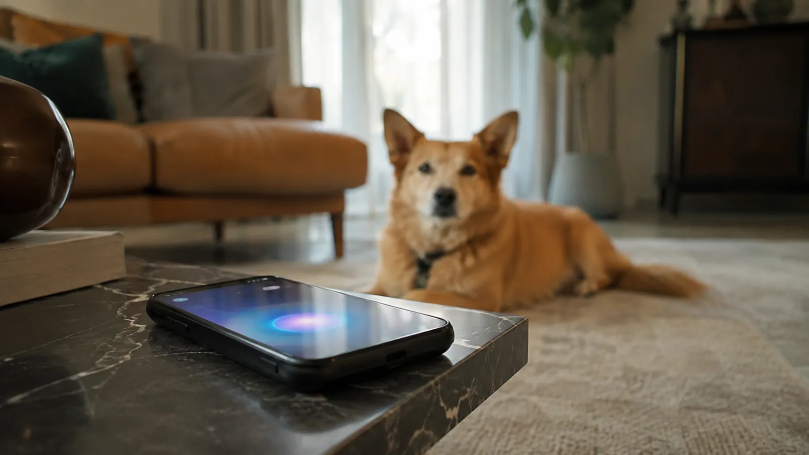 Cão atento ao som que vem do celular na mesa