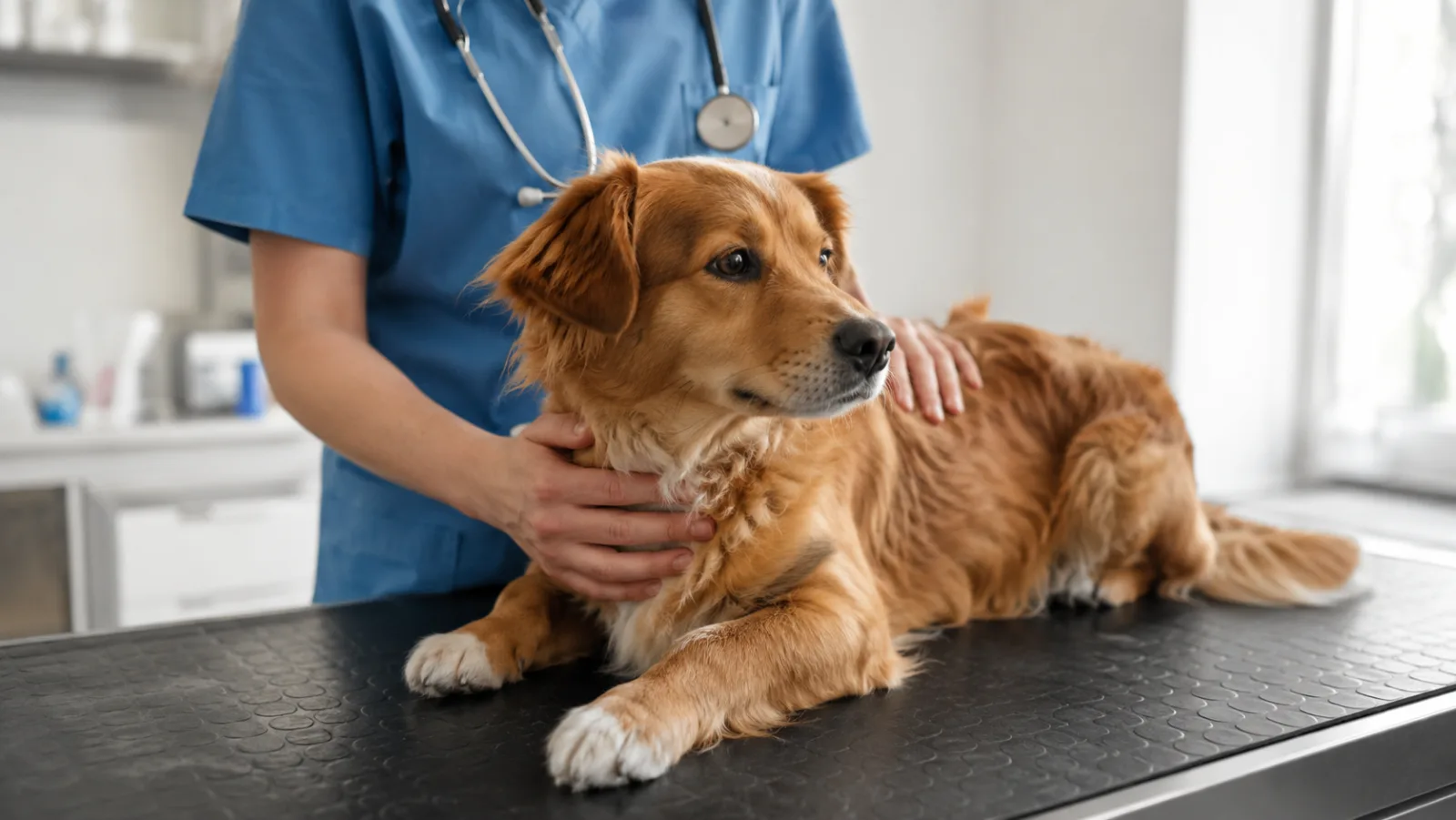 Cão em exame veterinário, clima calmo