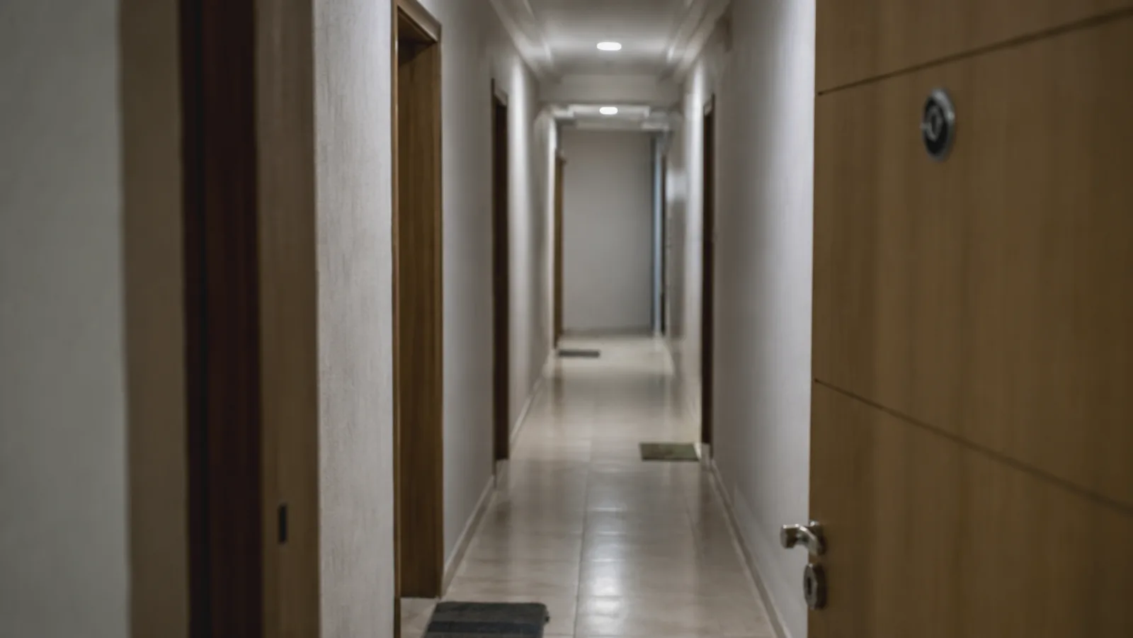 Corredor de prédio visto da porta do apartamento