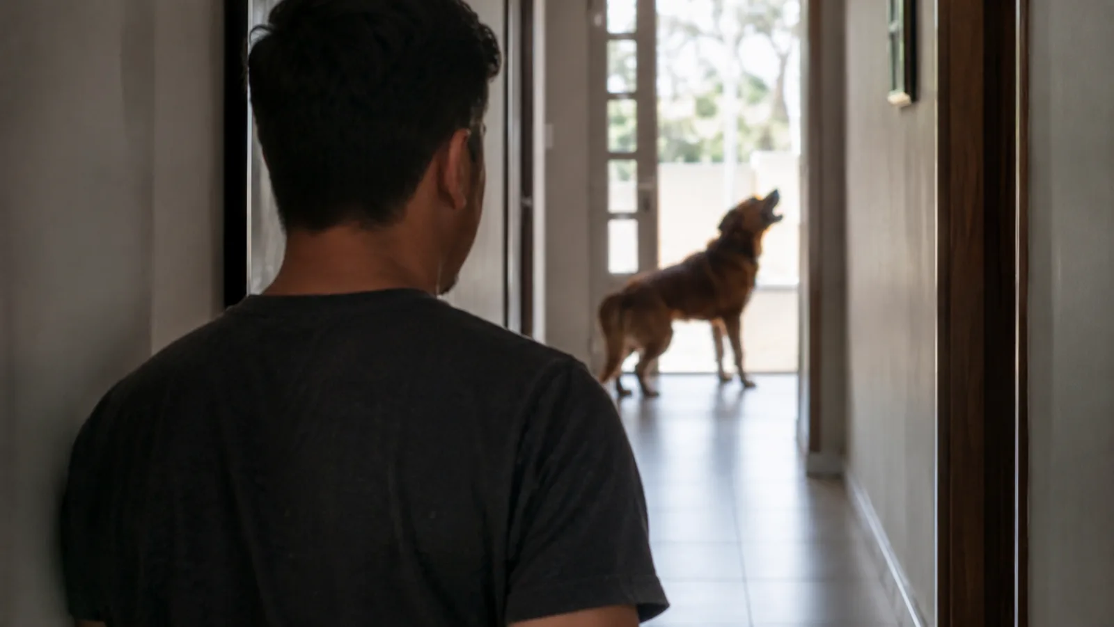 Pessoa tentando conter o cão que já late para a porta